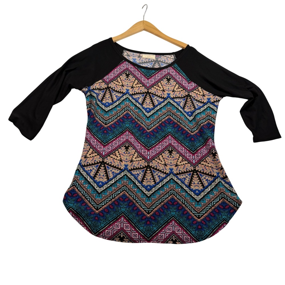 Bobbie Brooks Ladies Large Geometric Chevron Raglan 3/4 Sleeve Top Multicolor